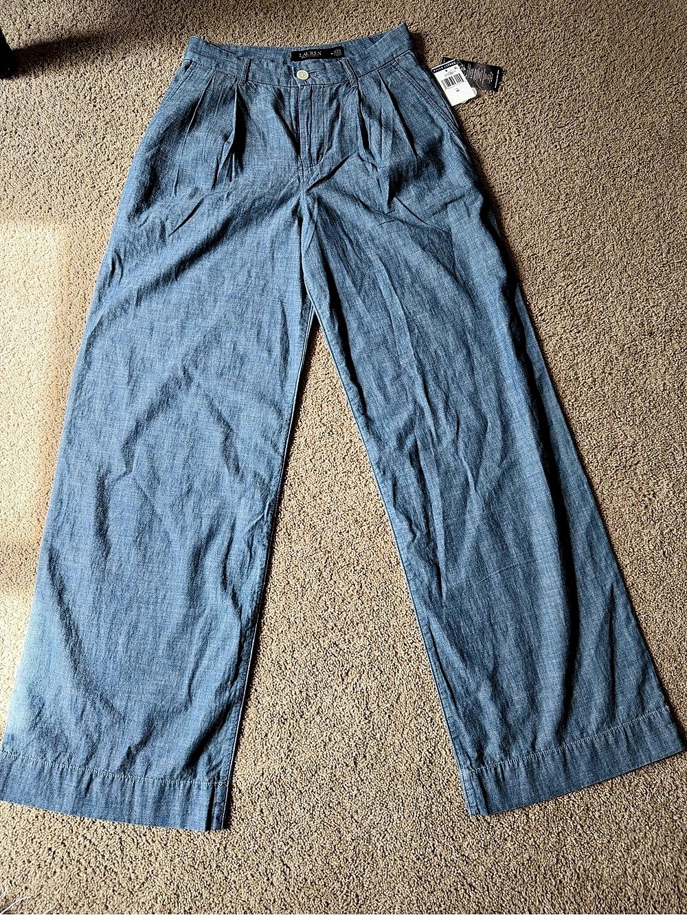 Lauren Ralph Lauren Pleated Chambray Wide-Leg Pant Blue Size 00 NWT